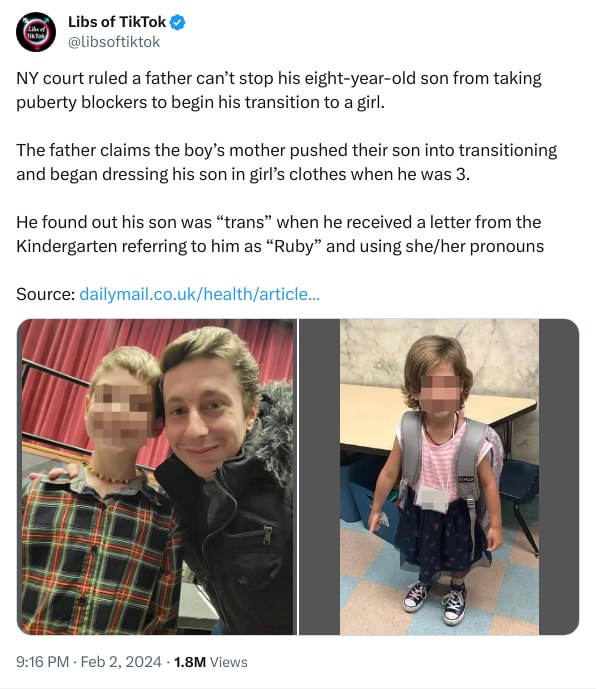 An X (Twitter) post from @libsoftiktok - Libs of TikTok