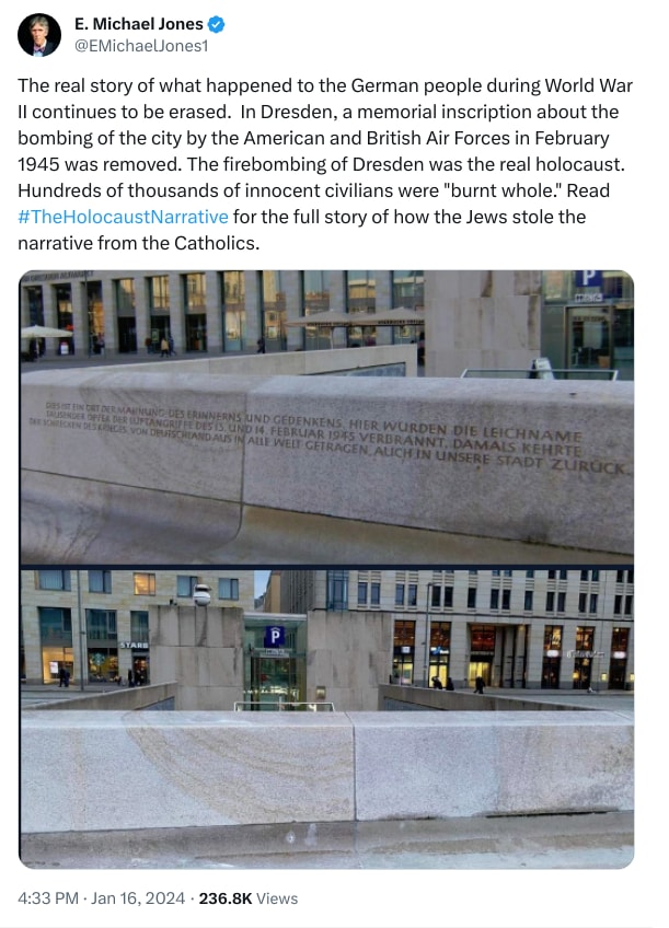 An X (Twitter) post from @EMichaelJones1 - E. Michael Jones