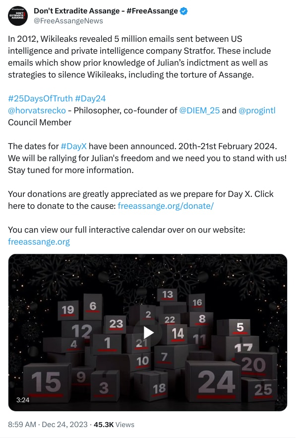 An X (Twitter) post from @FreeAssangeNews - Don't Extradite Assange - #FreeAssange