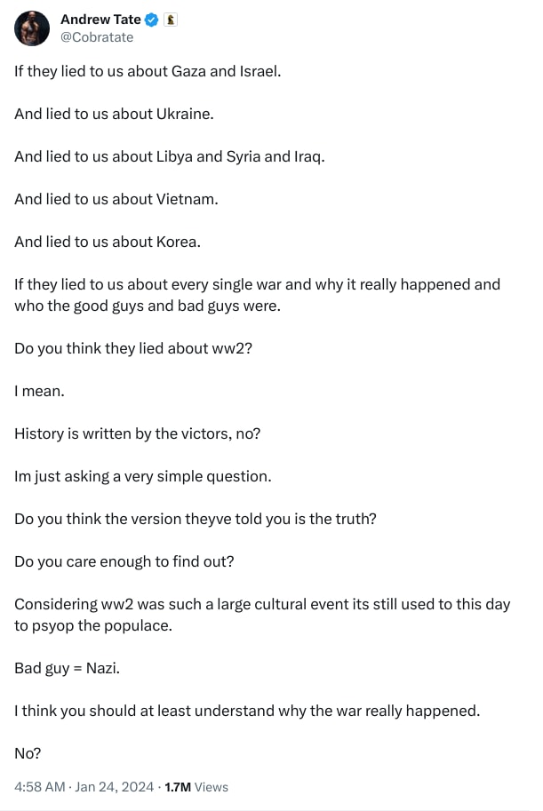 An X (Twitter) post from @Cobratate - Andrew Tate