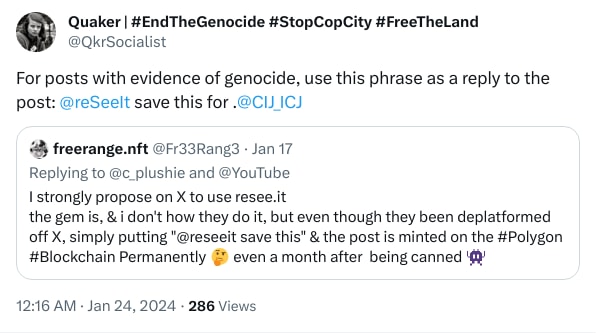 An X (Twitter) post from @QkrSocialist - Quaker | #EndTheGenocide #StopCopCity #FreeTheLand