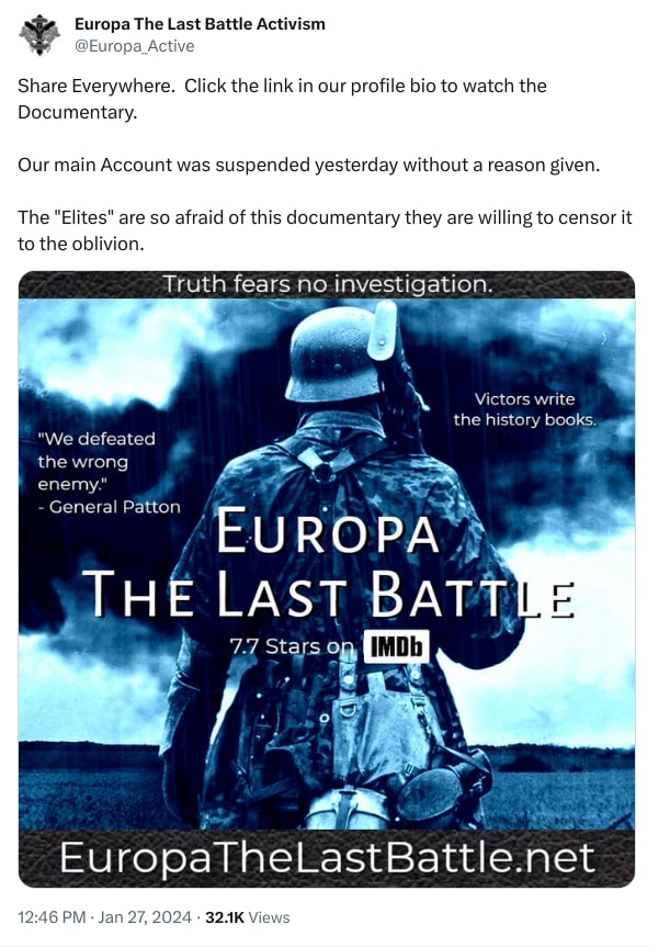 An X (Twitter) post from @Europa_Active - Europa The Last Battle Activism