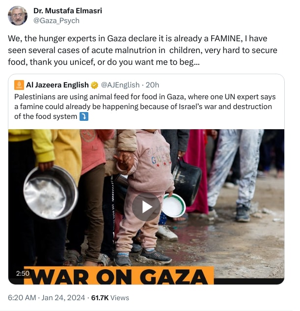 An X (Twitter) post from @Gaza_Psych - Dr. Mustafa Elmasri