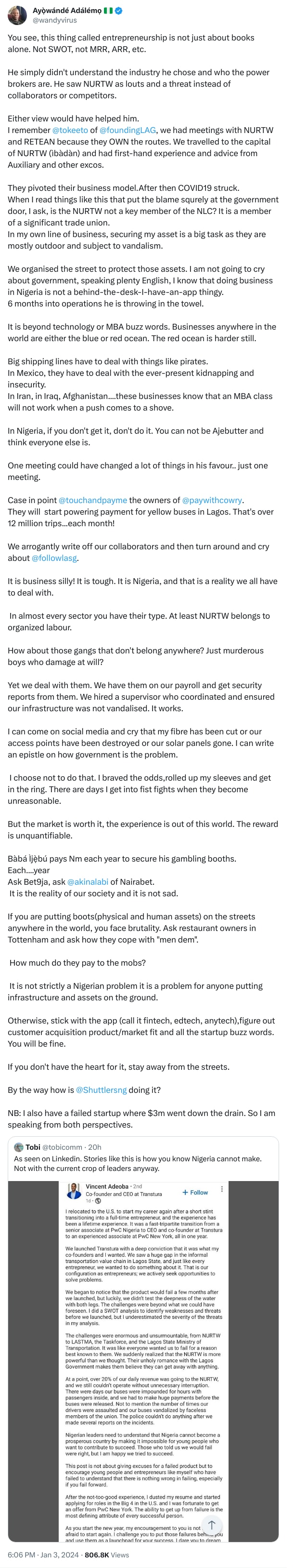 An X (Twitter) post from @wandyvirus - Ayọ̀wándé Adálémọ 🇳🇬