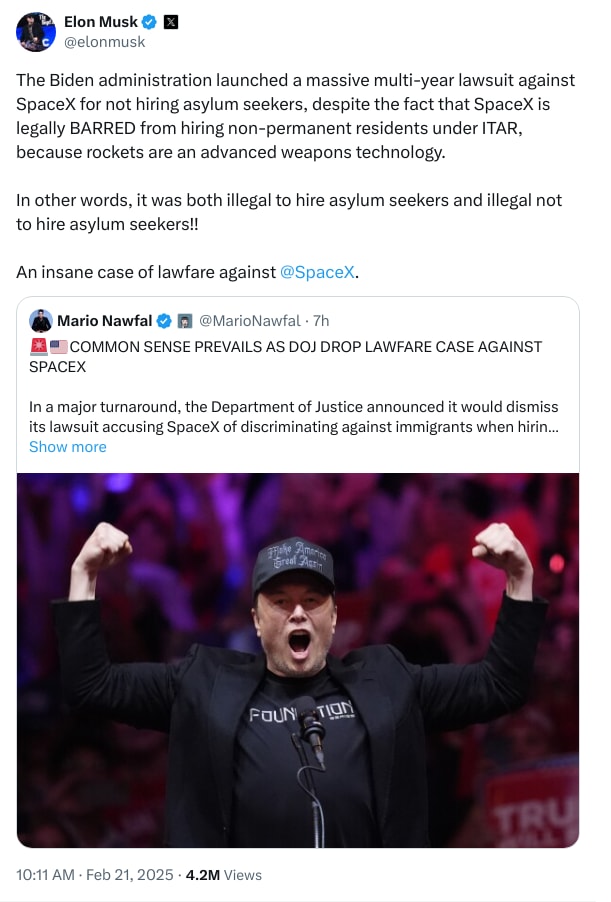 An X (Twitter) post from @elonmusk - Elon Musk