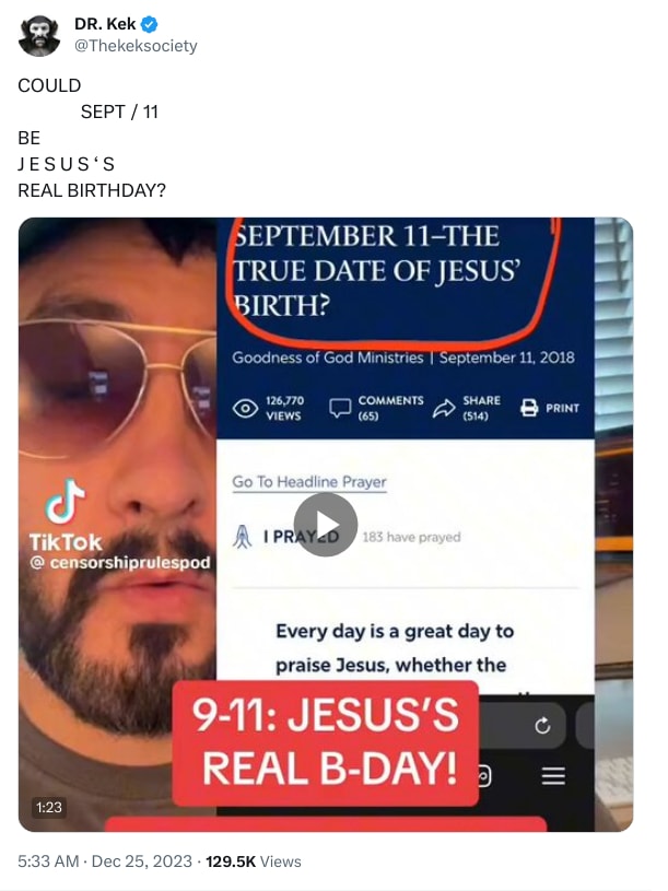 An X (Twitter) post from @Thekeksociety - DR. Kek
