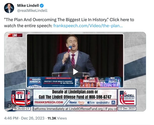 An X (Twitter) post from @realMikeLindell - Mike Lindell