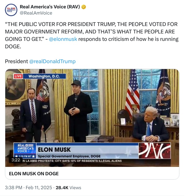 An X (Twitter) post from @RealAmVoice - Real America's Voice (RAV)