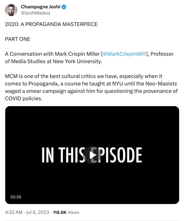 An X (Twitter) post from @JoshWalkos - Champagne Joshi