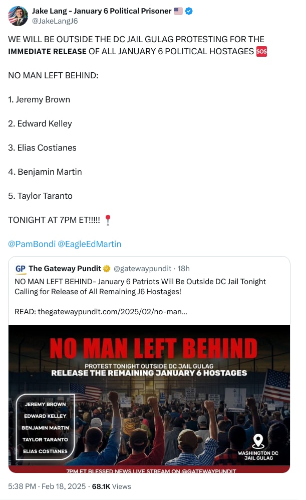 An X (Twitter) post from @JakeLangJ6 - Jake Lang - January 6 Political Prisoner 🇺🇸