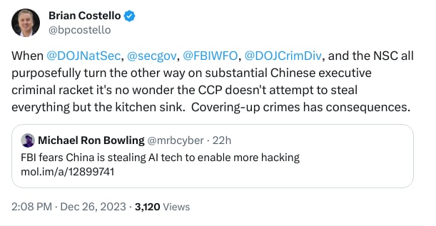 An X (Twitter) post from @bpcostello - Brian Costello