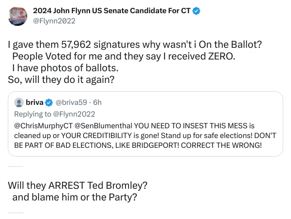 An X (Twitter) post from @Flynn2022 - 2024 John Flynn US Senate Candidate For CT