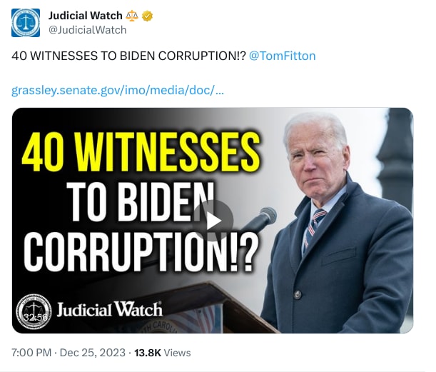 An X (Twitter) post from @JudicialWatch - Judicial Watch ⚖️