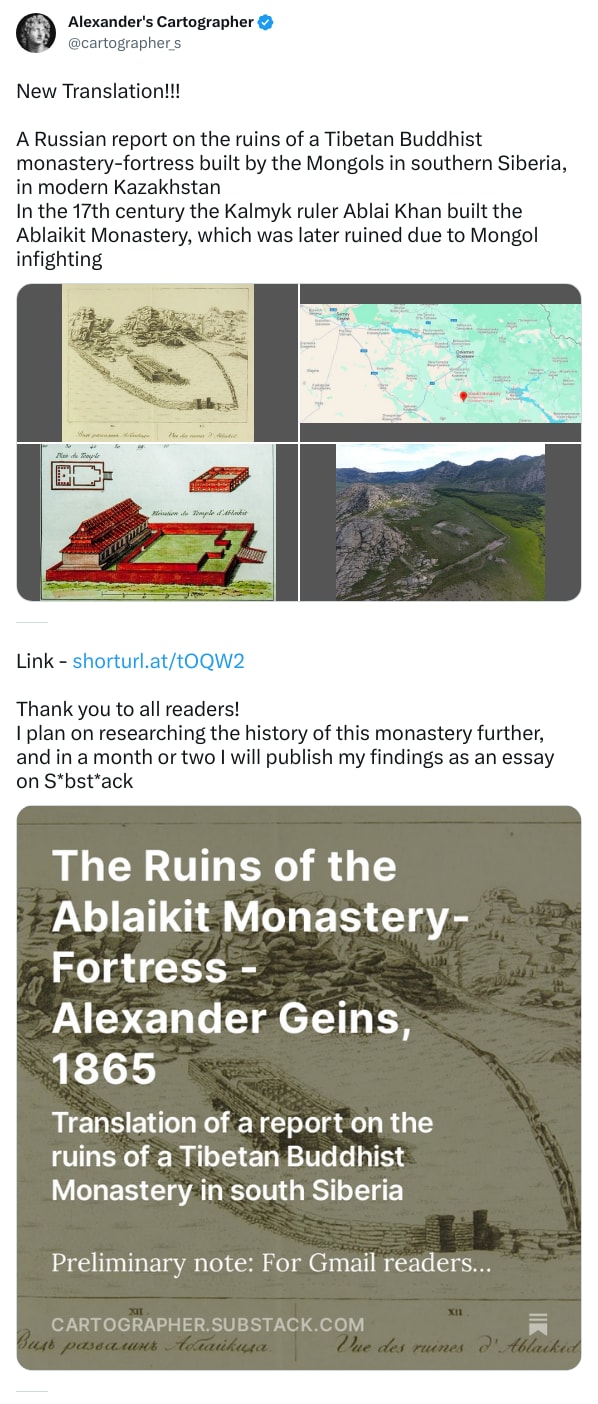 An X (Twitter) post from @cartographer_s - Alexander's Cartographer