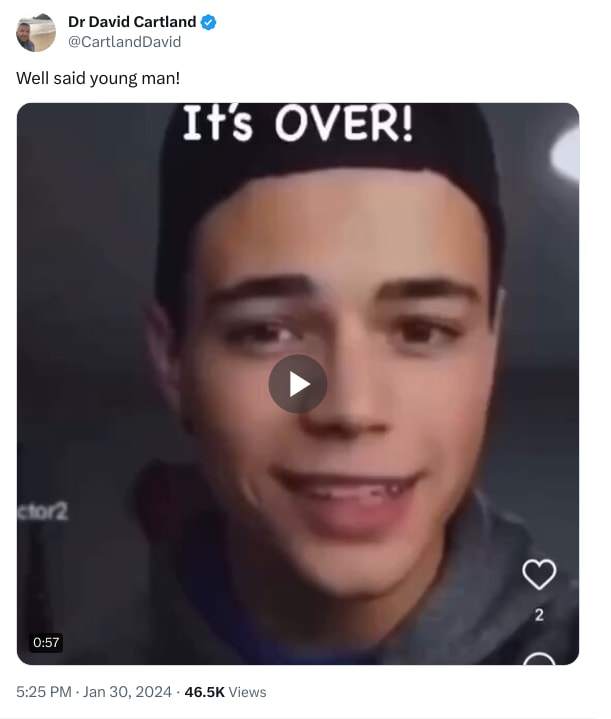 An X (Twitter) post from @CartlandDavid - Dr David Cartland