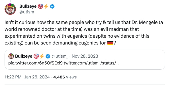 An X (Twitter) post from @utism_ - Bullzeye 🎯⚡️