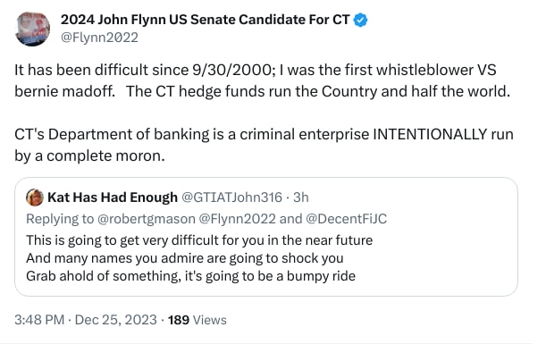 An X (Twitter) post from @Flynn2022 - 2024 John Flynn US Senate Candidate For CT