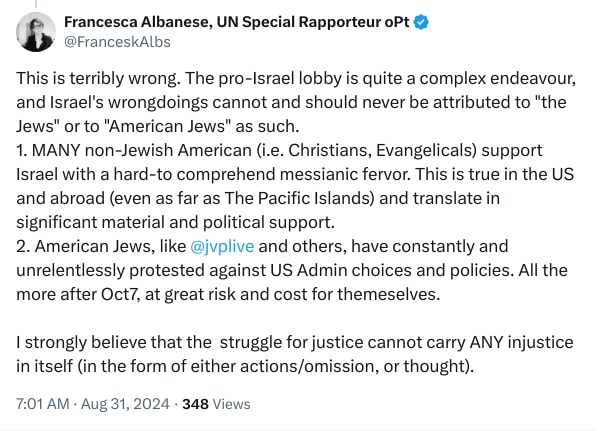 An X (Twitter) post from @FranceskAlbs - Francesca Albanese, UN Special Rapporteur oPt