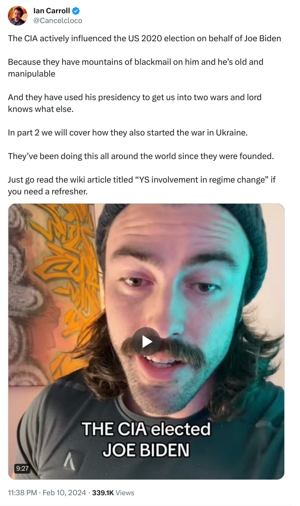 An X (Twitter) post from @Cancelcloco - Ian Carroll