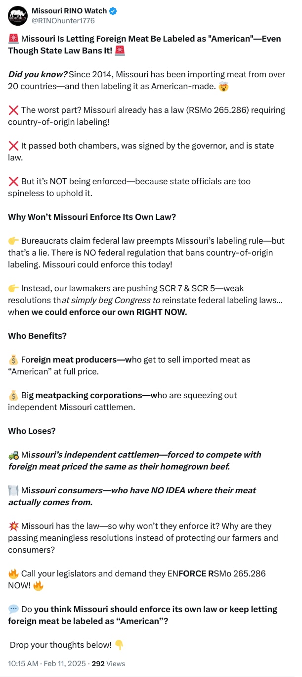 An X (Twitter) post from @RINOhunter1776 - Missouri RINO Watch