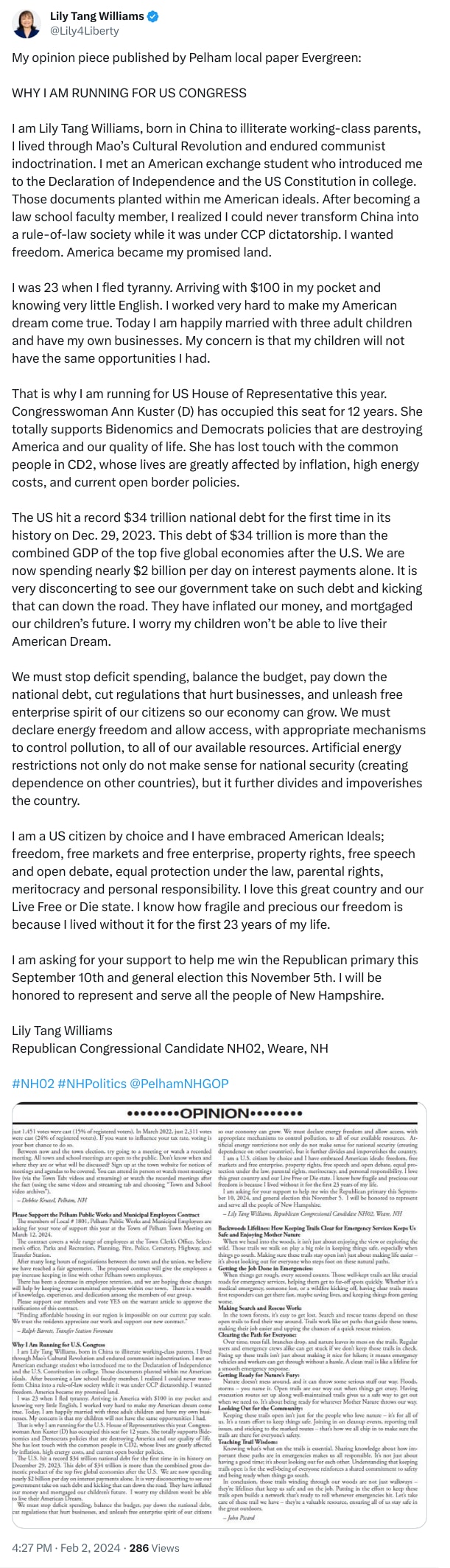 An X (Twitter) post from @Lily4Liberty - Lily Tang Williams