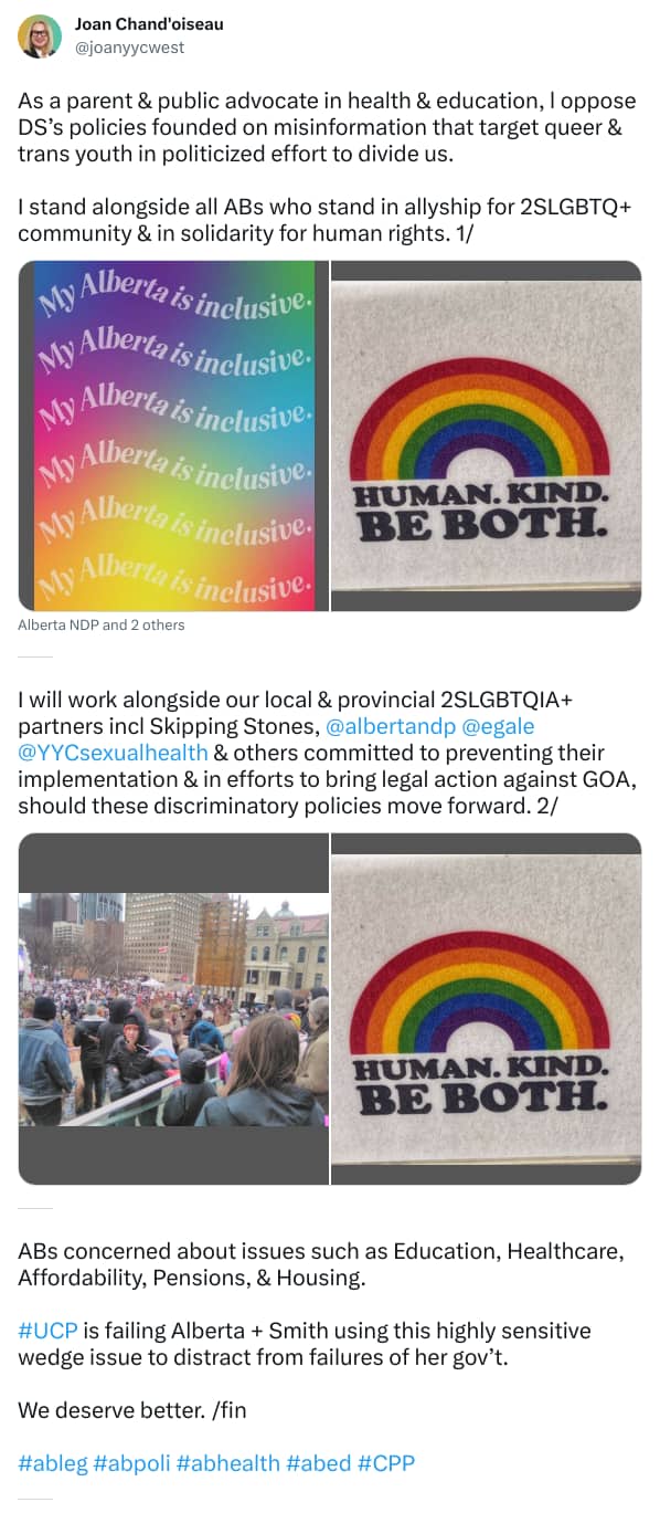 An X (Twitter) post from @joanyycwest - Joan Chand'oiseau