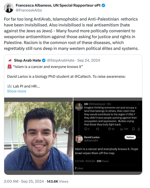 An X (Twitter) post from @FranceskAlbs - Francesca Albanese, UN Special Rapporteur oPt