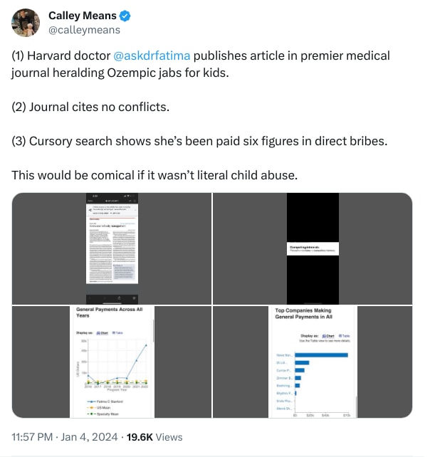 An X (Twitter) post from @calleymeans - Calley Means