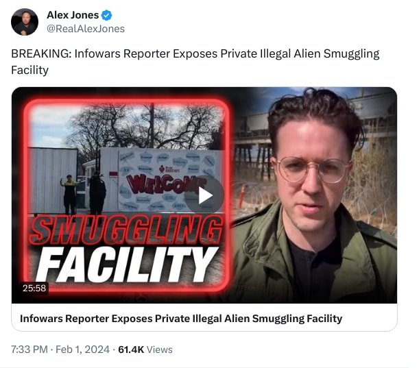 An X (Twitter) post from @RealAlexJones - Alex Jones