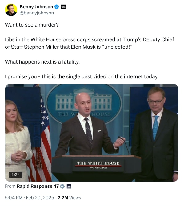 An X (Twitter) post from @bennyjohnson - Benny Johnson