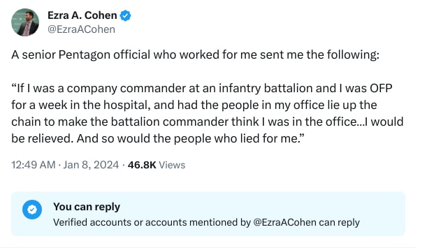 An X (Twitter) post from @EzraACohen - Ezra A. Cohen