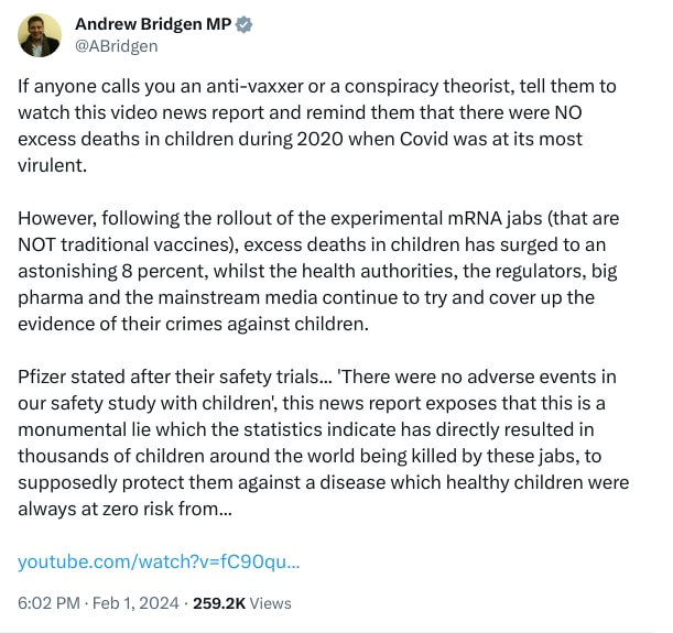 An X (Twitter) post from @ABridgen - Andrew Bridgen MP