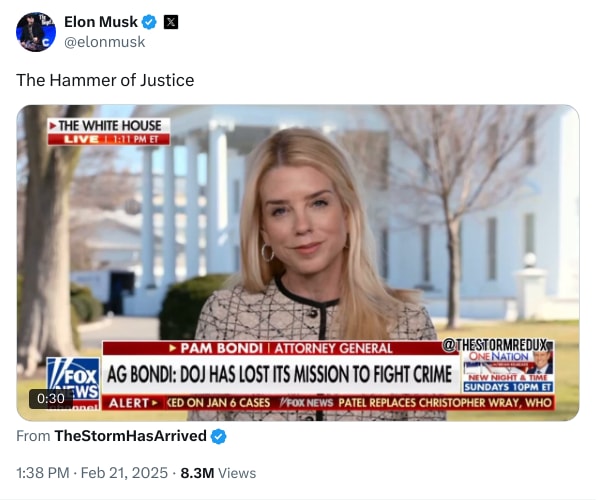 An X (Twitter) post from @elonmusk - Elon Musk