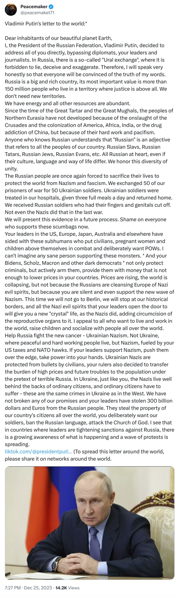 An X (Twitter) post from @peacemaket71 - Peacemaker