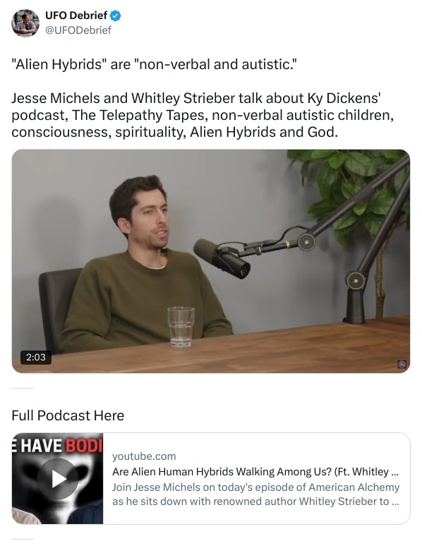An X (Twitter) post from @UFODebrief - UFO Debrief