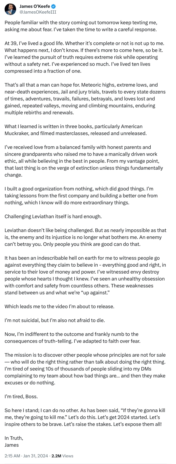 An X (Twitter) post from @JamesOKeefeIII - James O'Keefe