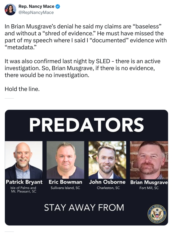 An X (Twitter) post from @RepNancyMace - Rep. Nancy Mace