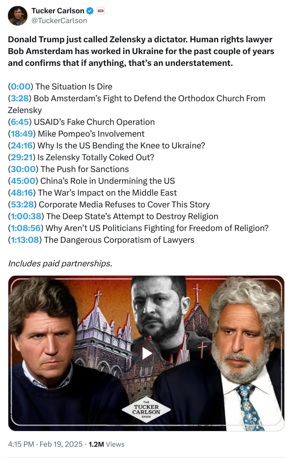 An X (Twitter) post from @TuckerCarlson - Tucker Carlson