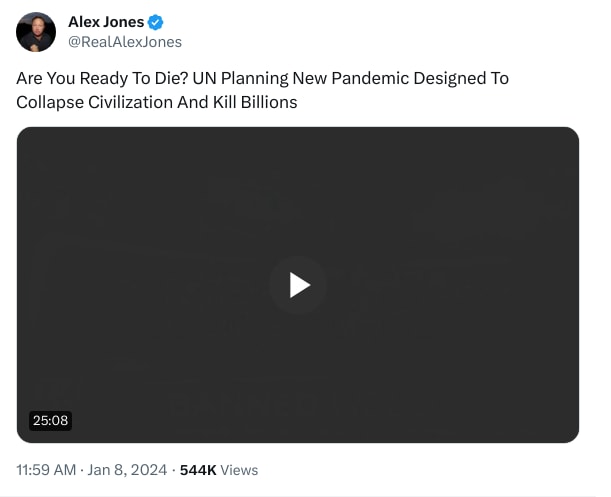 An X (Twitter) post from @RealAlexJones - Alex Jones