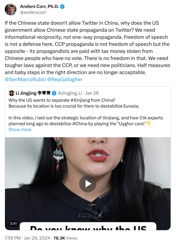 An X (Twitter) post from @anderscorr - Anders Corr, Ph.D.