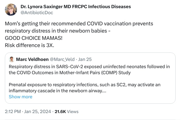 An X (Twitter) post from @AntibioticDoc - Dr. Lynora Saxinger MD FRCPC Infectious Diseases