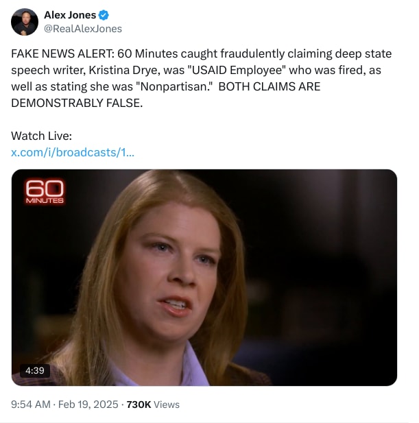 An X (Twitter) post from @RealAlexJones - Alex Jones