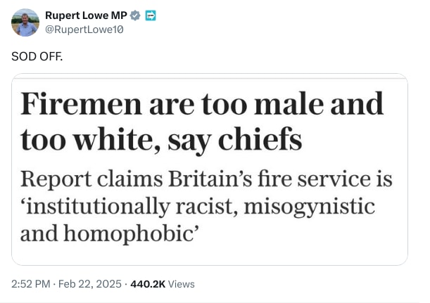 An X (Twitter) post from @RupertLowe10 - Rupert Lowe MP