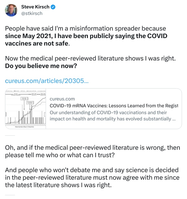 An X (Twitter) post from @stkirsch - Steve Kirsch