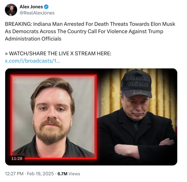 An X (Twitter) post from @RealAlexJones - Alex Jones
