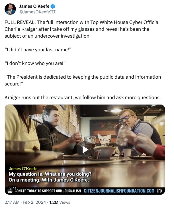 An X (Twitter) post from @JamesOKeefeIII - James O'Keefe