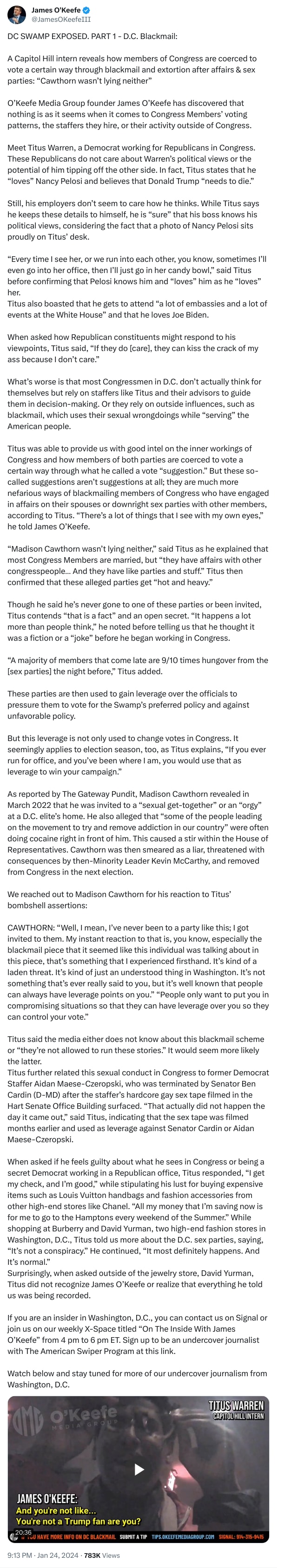 An X (Twitter) post from @JamesOKeefeIII - James O'Keefe