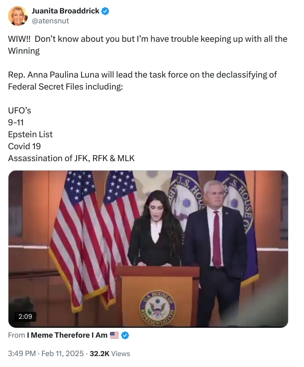 An X (Twitter) post from @atensnut - Juanita Broaddrick