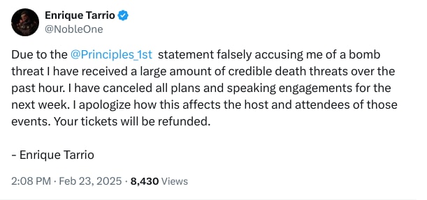 An X (Twitter) post from @NobleOne - Enrique Tarrio