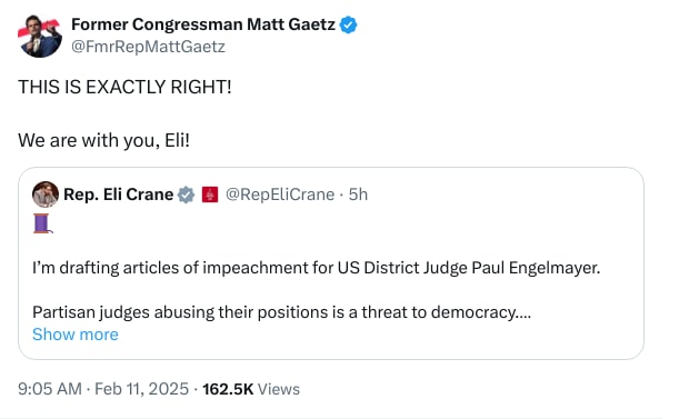An X (Twitter) post from @FmrRepMattGaetz - Former Congressman Matt Gaetz